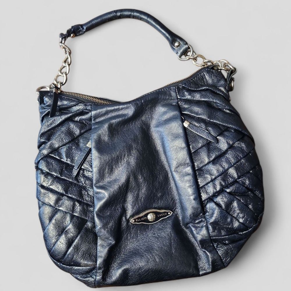ELLIOTT LUCCA | Elegant Black Leather Shoulder Bag Gold Chain‎ Zipper Accents